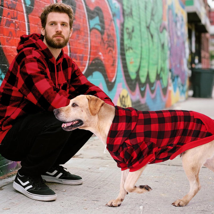 Plaid Dog Hoodie Pet Clothes Sweater with Hat and Pocket for Small Medium Large Size Dogs, Soft Winter Warm Dog Cold Weather Coat, Fleece Fall Dog Hooded Sweatshirt for Puppy Cats, Red XL