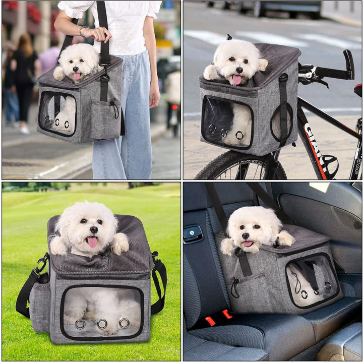 Dog Bike Basket Foldable Pet Carrier, Dog Car Booster Seat with Mesh Windows, Adjustable Shoulder Bag Portable Breathable Bicycle Basket Bag for Dogs and Cats