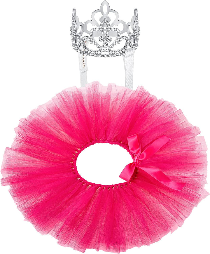 2 Pcs Dog Crown Headband Dog Tutu Dress Set Crystal Rhinestone Tiara Crown Tutu Skirt Pet Dress Costume for Puppy Birthday Party Wedding Photo Prop Costume(X-Large,Rose Red, White)