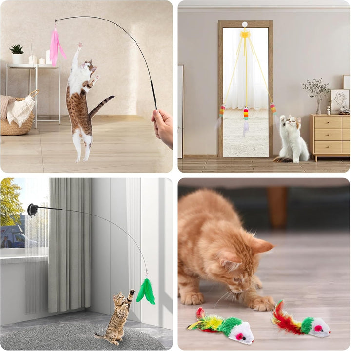 Cat Wand Toy, 15 Pcs Interactive Cat Feather Toys for Indoor Self Play & Exercise, 2 Play Modes Kitten Teaser Wand, Reusable Suction Cup Kitten Toys