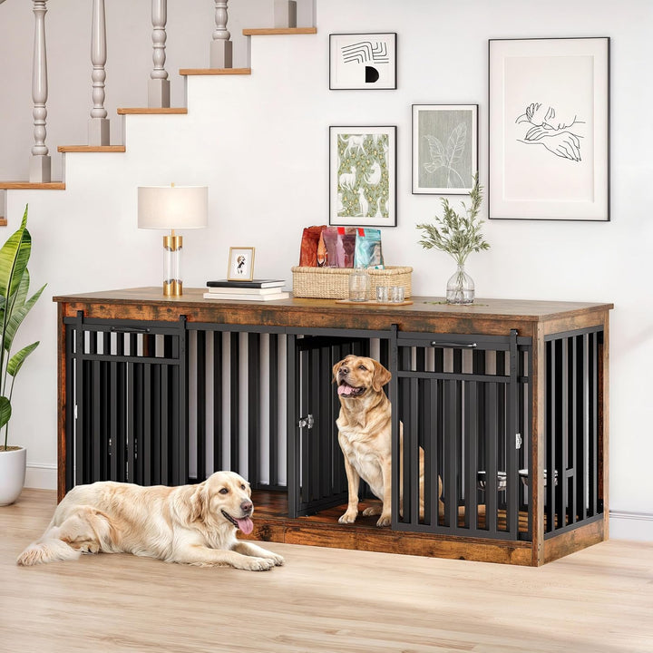 71" Double Dog Crate Furniture with LED Light & Power Outlets, Heavy Duty Dual Dog Kennel TV Stand W Storage Shelves Sliding Doors, Wooden Two Dog Cage Table 2 Medium Large Dogs, Black Oak