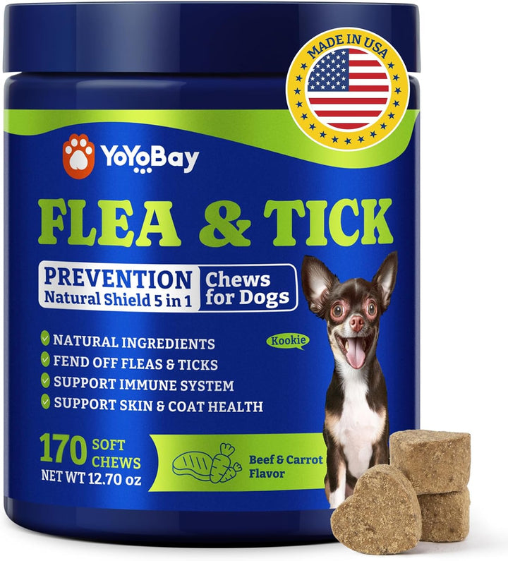 Flea and Tick Prevention for Dogs Chewable - 170 Soft Chews, Duck & Pear Flavor, Beef & Carrot Flavor