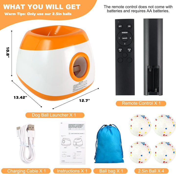 Automatic Ball Launcher for Dogs, Dog Ball Thrower with 40-60-80Ft Distance, Rechargeable Automatic Launcher with 4 Balls (2.5"), Remote Control Launcher for Medium & Large