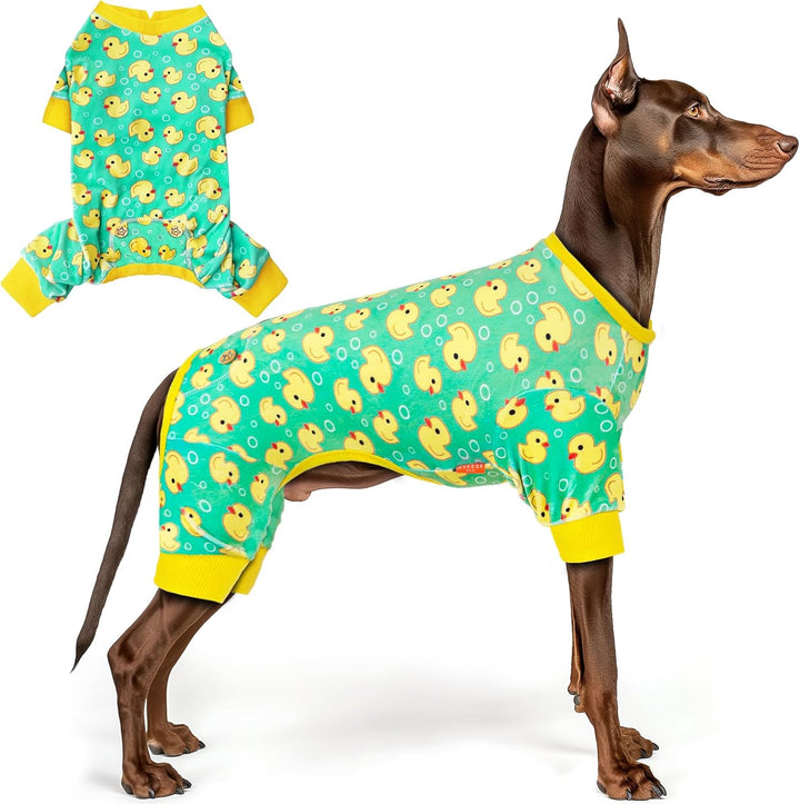 Dog Pajamas Velvet Dog Pajamas Large Sized Dogs Soft Dogs Clothes Pjs with Yellow Ducks Pattern Stretchy Pet Jammies Coat Comfy Pet Onesie Costume, 3X-Large