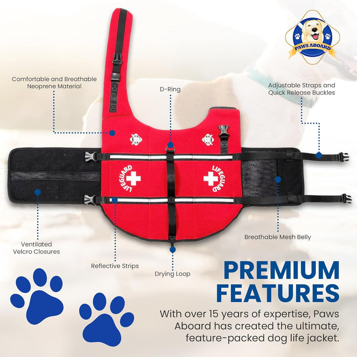 Dog Life Jacket - Swimming Vest for Dogs, Adjustable, Reflective, Comfortable, Multiple Colors, Patterns, Xx-Small to Extra Large Dog Swim Vest with Handle (Red, Large)
