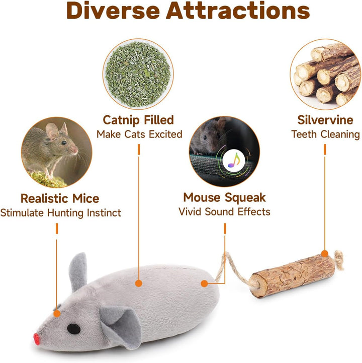 Cat Toys: 3Pcs Squeak Mice Interactive Catnip Silvervine Animals for Indoor Kittens - Dental Matatabi Cat Nip & Chew Exercise Toy for All Breeds & Species