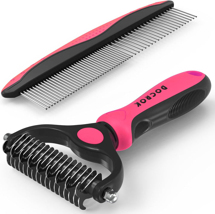 Pet Grooming Combo - Blue Deshedding Brush with Metal Comb for Detangling and Dematting Long, Matted Fur on Cats and Dogs