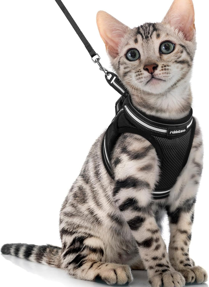 Cat Harness and Leash Set for Walking Escape Proof, Adjustable Soft Kittens Vest with Reflective Strip for Cats, Comfortable Outdoor Vest, Black, S