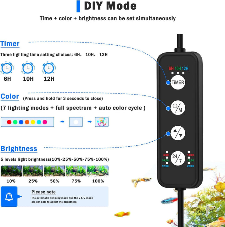 LED Aquarium Light, 24/7 Mode Clip on Fish Tank Light with Memory Function, DIY Mode Full Spectrum Aquarium Plant Light, Adjustable Timer/Brightness, IP68 Waterproof for 16-24 Inch Fish Tank 18W