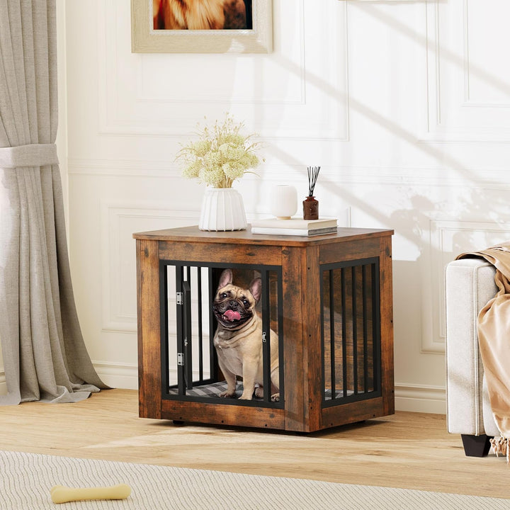 27.2" L Dog Crate Furniture for Medium Dogs, 2-In-1 Iron-Wood Fusion Dog Cage Indoor up to 30 Lb, Side End Table, Modern Dogs Kennel with Waterproof Top, Safety Corners,Steel Lock,Rustic