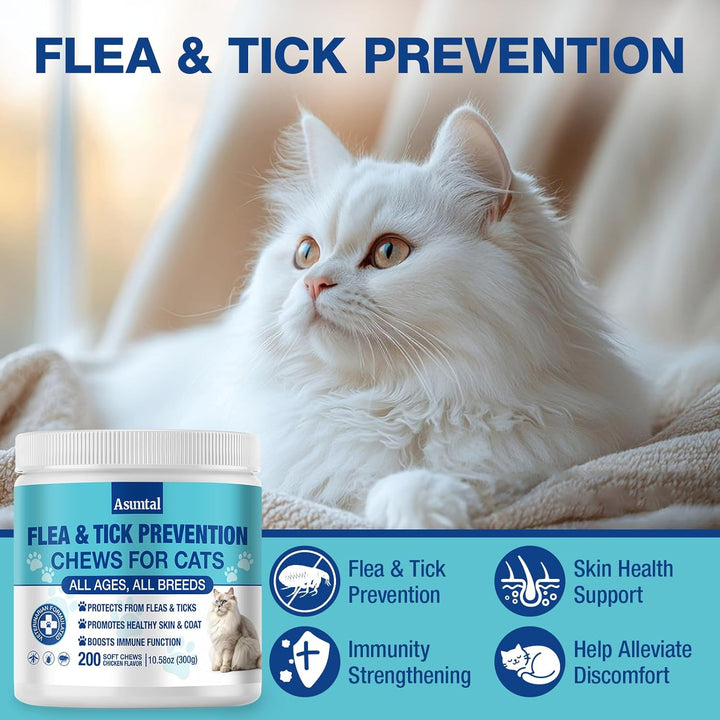 Flea and Tick Prevention for Cats Chewable, Natural Cat Flea Treatment, Oral Kitten Cat Flea & Tick Control, Flea Pills Supplement with Vitamins Support Immune, Skin & Coat, 200 Soft Chews (Chicken)