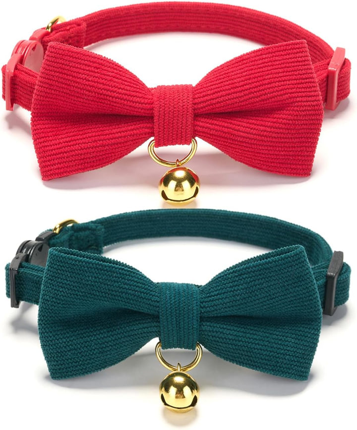 2 Pack Soft Corduroy Cat Collars with Bow Tie & Bell, Adjustable Breakaway Cotton Kitty Bowtie Collar for Girl Boy Kitten (Orange & Green)