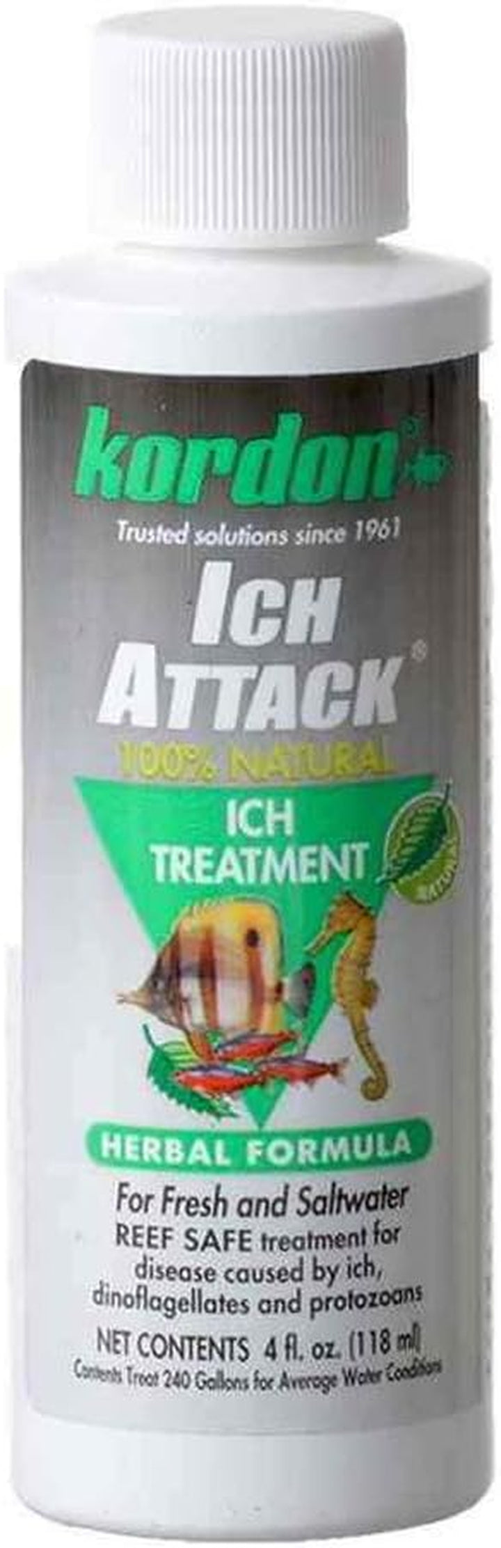 Ich-Attack Disease Inhibitor: Natural Solution for Ich & External Fish Diseases, 100% Organic Herbal Treatment for Fresh & Saltwater, Safe for Invertebrates, Made in the USA, 4-Ounces