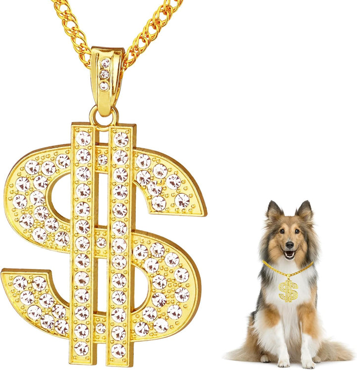 Gold Chain Dog Collar Adjustable Cuban Link Dog Necklace with Crystal Dollar Sign Pendant Cute Fashion Pet Jewelry Chain Puppy Cat Costume Outfits Accessories with Extender Chain