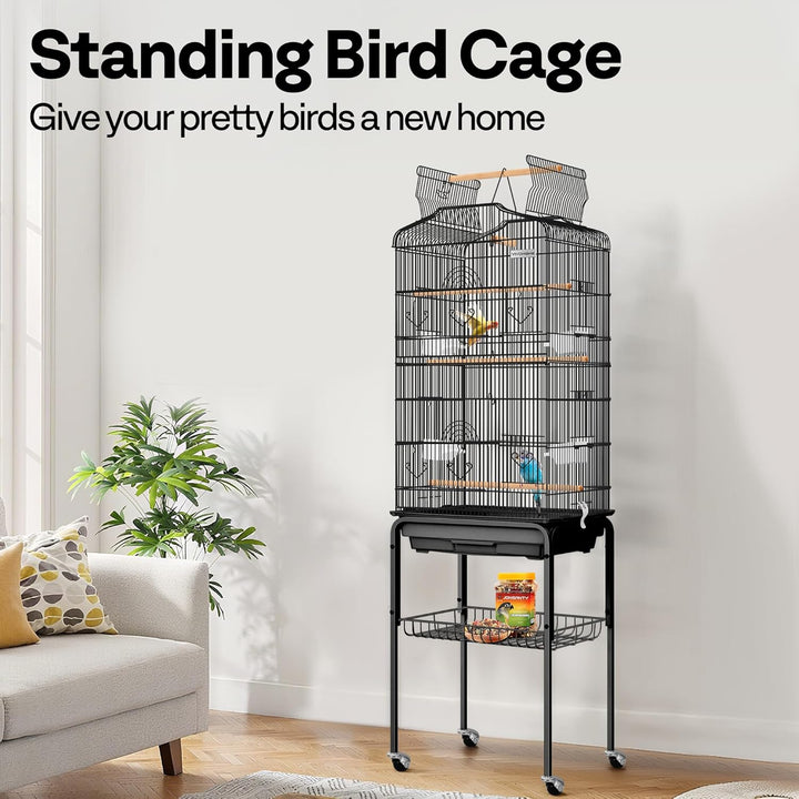 64 Inch Bird Cage with Play Top and Rolling Stand for Parrots Conures Lovebird Cockatiel Parakeets Black