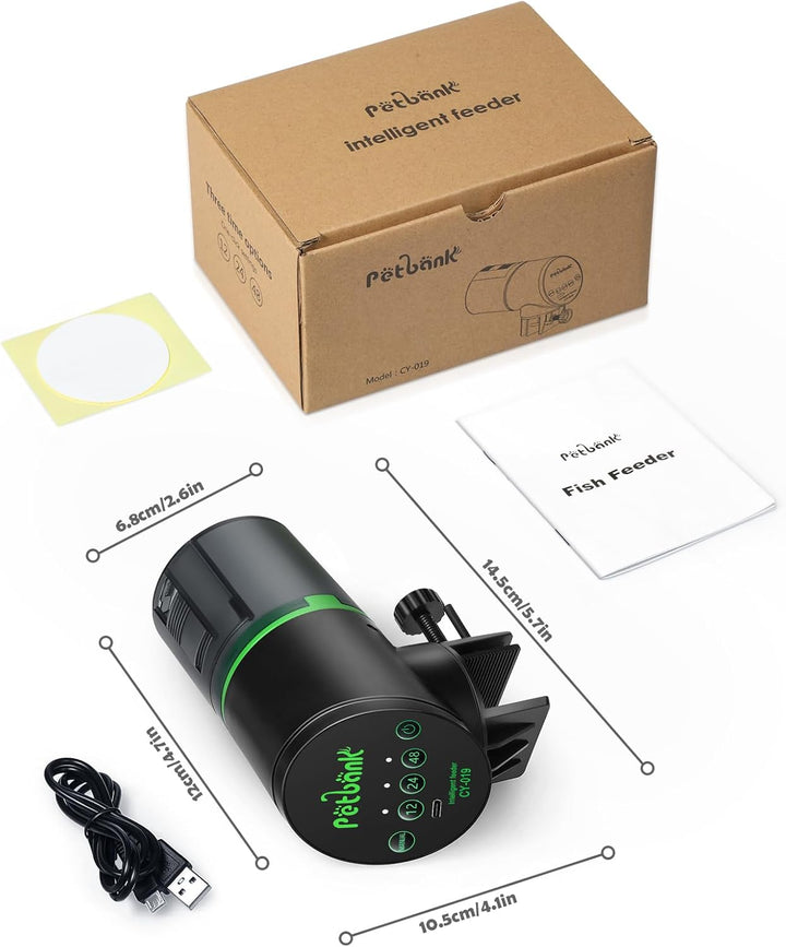 Automatic Fish Feeder for Aquarium - Auto Fish Food Dispenser Rechargeable for Small Large Tank with USB Charger Cable，12/24/48H Interval Esay Set up (Black, CY-019)
