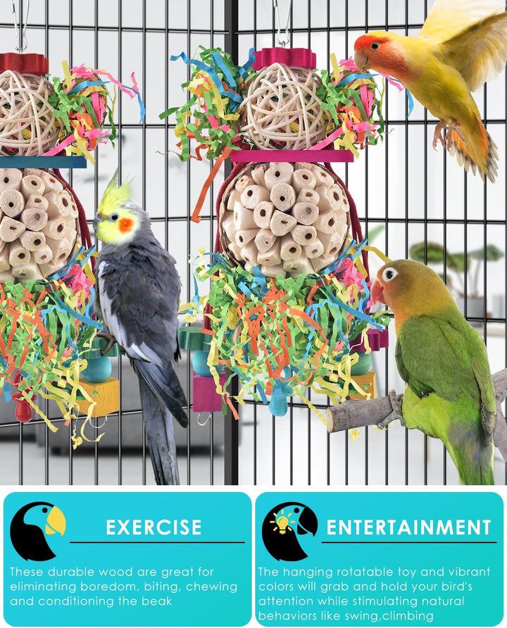 2PCS Bird Parrot Foraging Shredder Hanging Toys Sola Balls Sepak Takraw with Pacifier for Small Parrots Parakeets Conures Cockatiels Love Birds Cage Toy