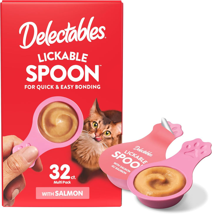 Delectables Lickable Spoon Handheld Wet Cat Treats Made with Real Salmon, Quick & Easy Creamy Puree, Mess Free, Grain-Free, No Added Fillers, No By-Products, No Added Preservatives, Variety Pack, 32Ct