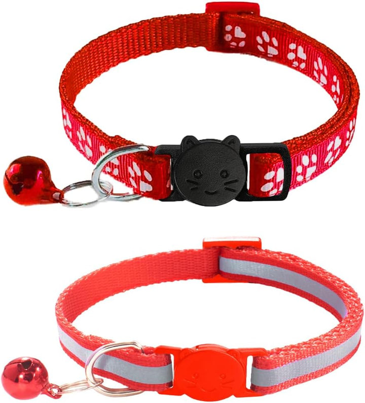 2 Pack Breakaway Cat Collars with Bells, Reflective Design and Claw Print Design, Safety Buckle Kitten Collars Adjustable from 7.5 to 12.5 Inches (Black)