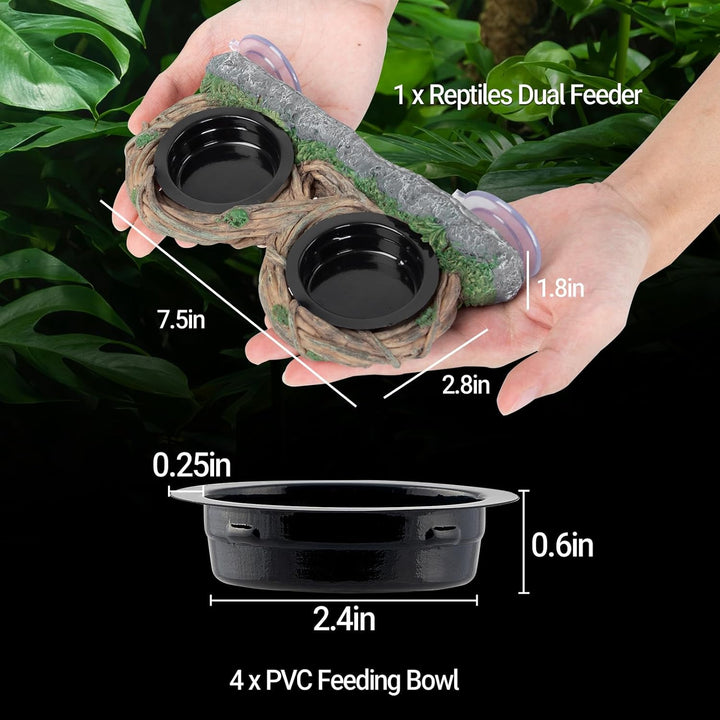 Dual Gecko Feeder Ledge, Reptile Hollow Vine Food Feeding for Bearded Dragon Lizard Snake Turtle, Reptile Water Feeding with 4 PCS Bowl, Reptile Dish Terrarium Tank Decor Accessories