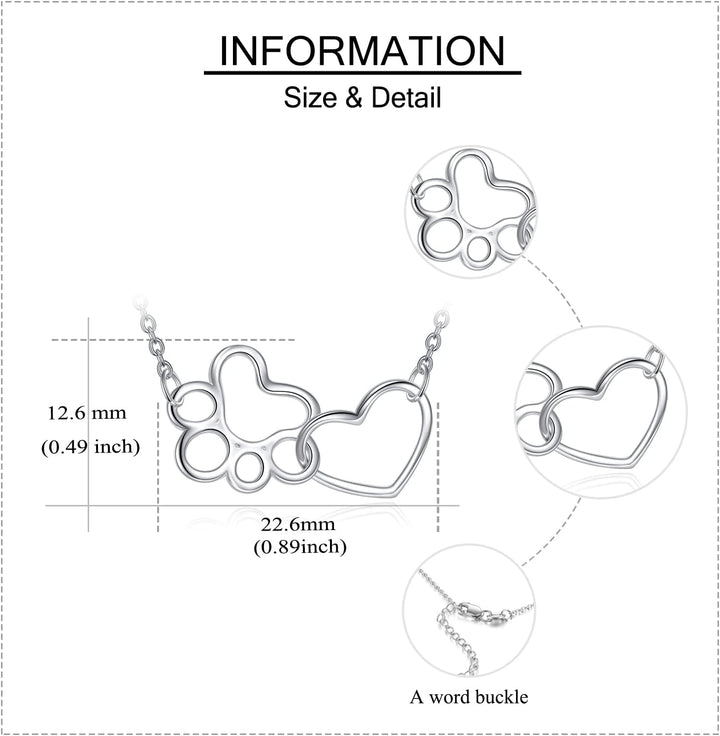 Paw Print Necklace Sterling Silver Dog Paw Heart Crystal Necklace Pet Cat Dog Paw Pendant Jewelry for Women Girls Gifts