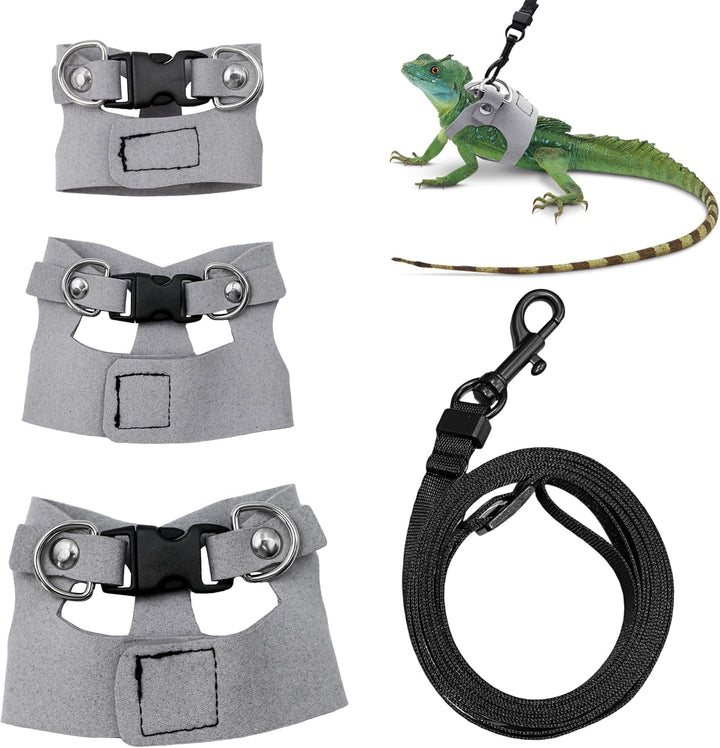 Bearded Dragon Harness and Leash Set, 3 Size Adjustable Soft Leather Reptile Leash, Lizard Harness with Retractable, Small Animal Outdoor Walking Vest with Traction Rope, 3 Pack, Black