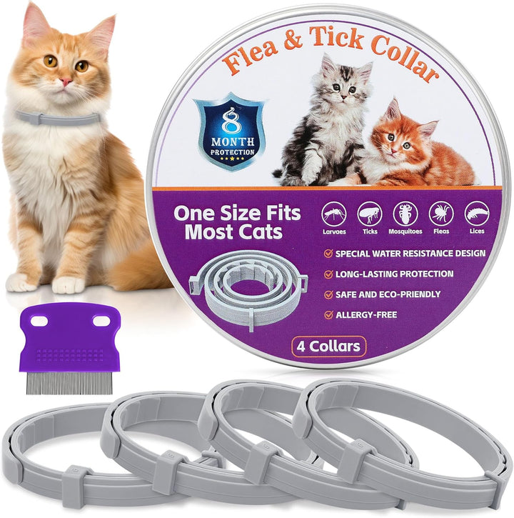 Flea & Tick Collar for Cats 4 Pack - 8 Months Long-Lasting Protection and Prevention, Cat Flea and Tick Collar, Adjustable