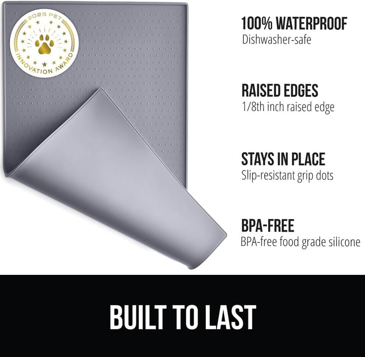 100% Waterproof Raised Edge BPA Free Silicone Pet Feeding Mat, Dog Cat Food Mats Contain Spills Protects Floors, Placemats for Cats and Dogs Water Bowl, Pets Accessories 18.5X11.5 Gray