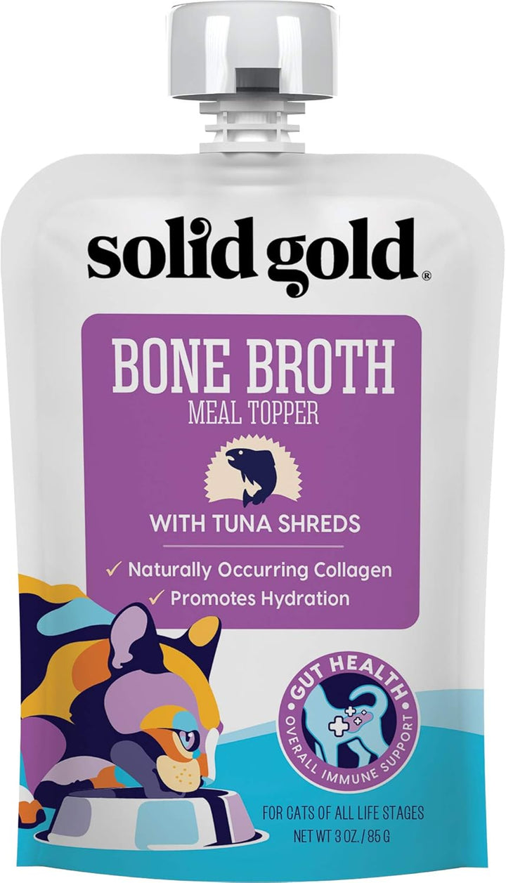 Bone Broth Cat Food Topper - Limited Ingredient Lickable Cat Broth Pouches W/Tuna Protein Shreds & Collagen for Hydration & Gut Support - Easy to Serve Gravy for Cats Meal Topper - 12Ct