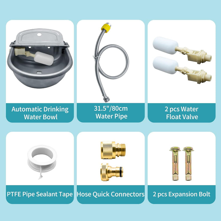 Automatic Animal Drinking Water Bowl, 304 Stainless Steel Waterer for Dog Horse Goat Pig Cow, Livestock Water Trough Dispenser with Pipe Hose, 2 Float Valves, Quick Connecter, Expansion Bolt
