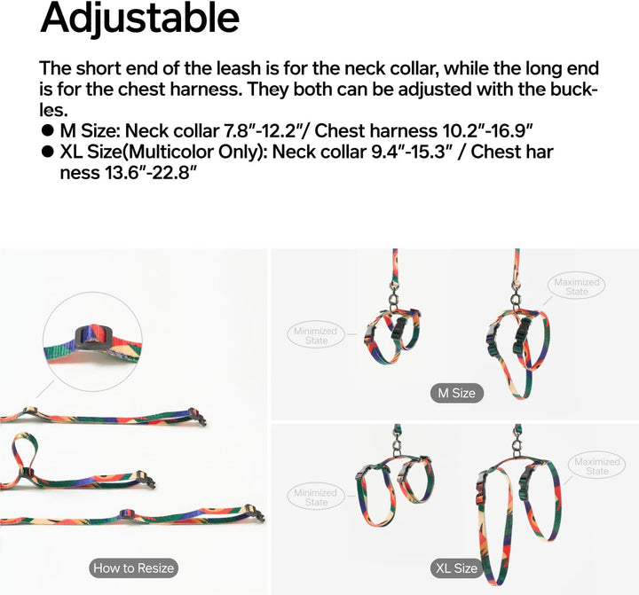 Cat Harness and Leash Set, Cats Escape Proof - Adjustable Kitten Harness for Large Small Cats, Lightweight Soft Walking Travel Petsafe Harness（(Multicolor-M Size）