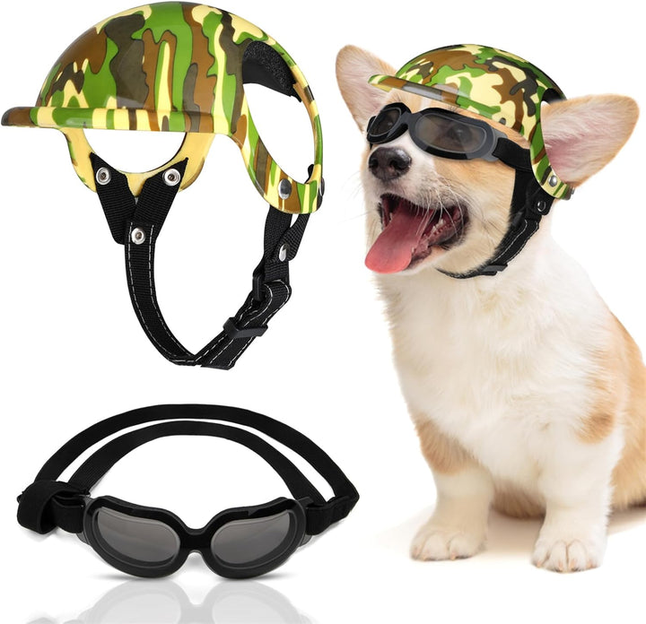 Dog Helmet and Goggles - UV Protection Doggy Sunglasses Dog Glasses Pet Motorcycle Helmet Hat with Ear Holes Adjustable Belt Safety Hat for Small Medium Large Dogs Puppy Riding (Black, S)