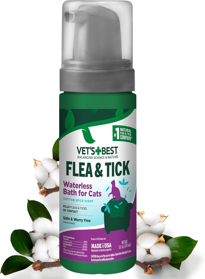 Natural Waterless Flea & Tick Bath for Cats – Natural No-Rinse Dry Shampoo with Plant-Based Ingredients – Flea and Tick Prevention and Control with Certified Essential Oils – 5 Oz Bottle