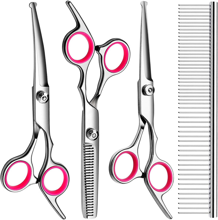Dog Grooming Scissors with Safety round Tips Stainless Steel Professional Dog Grooming Kit - Thinning, Curved Scissors and Comb for Cat Pet (Pink 4 in 1)