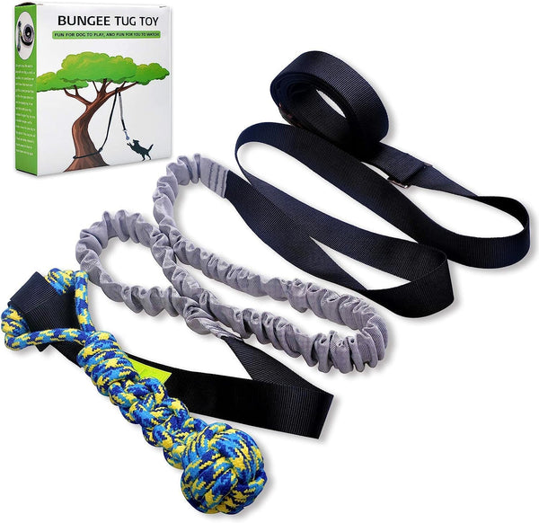 Outdoor Bungee Tug Toy, Dog Toy Hanging from Tree for Small to Large Dogs, Interactive Exercise Play Cord & Tether with Chew Rope Toy (Tree Stump Tug of War-Black)