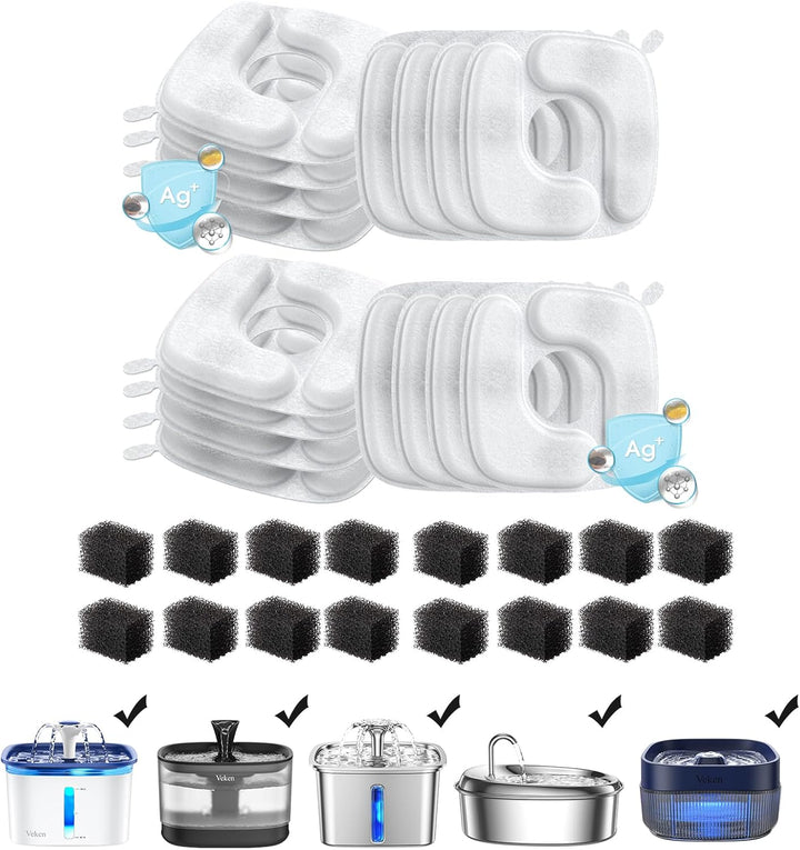 Cat Water Fountain Filters, 8 Pack Replacement Filters & 8 Pack Replacement Pre-Filter Sponges Set for 50Oz, 84Oz, 95Oz Automatic Pet Fountain Dog Water Dispenser