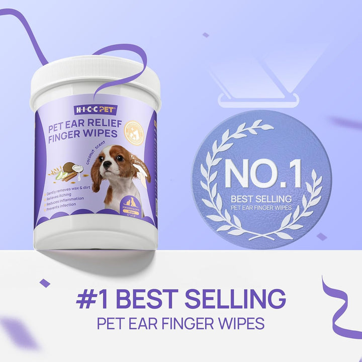Dog Ear Finger Wipes, Ear Cleaner Wipes for Dogs & Cats, Dog Ear Infection Treatment to Relief Itching & Inflammation, Remove Wax, Dirt & Stop Smelly, Non-Irritating, 50Ct(Coconut Scent)