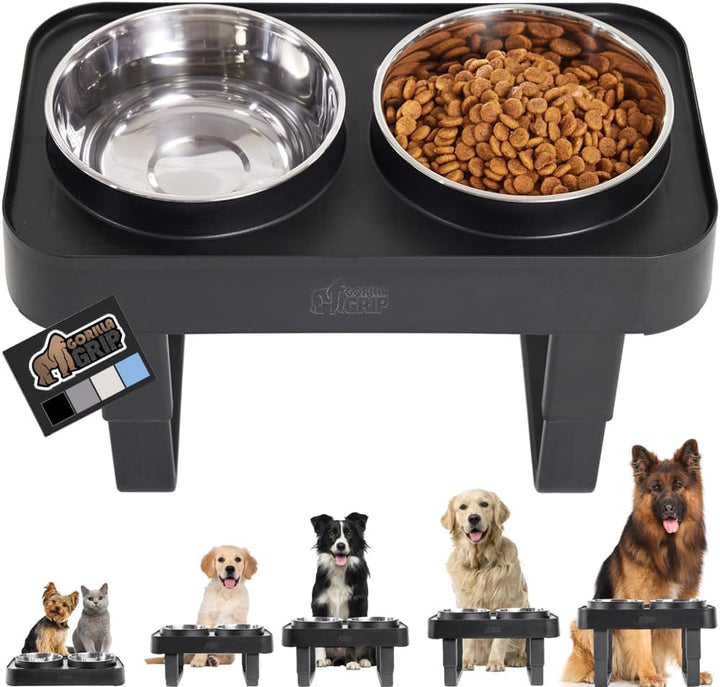 Elevated Dog Bowls Stand, 6 Cup Stainless Steel Food Bowl Set of 2, 5 Height Adjustable Raised Feeding Station for Small Breed Puppy Dogs and Cats, Medium, Large Sized Pets Feeder, Black