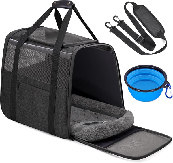 JUNGYOUN Premium ​Cat Carrier - ​Pet Carrier for Cat & Small Dogs up to 15Lbs - ​Airline Approved Travel Dog Carrier with Anti-Escape Zippers, Collapsible Travel Bowl & Padded Strap,Dark Grey