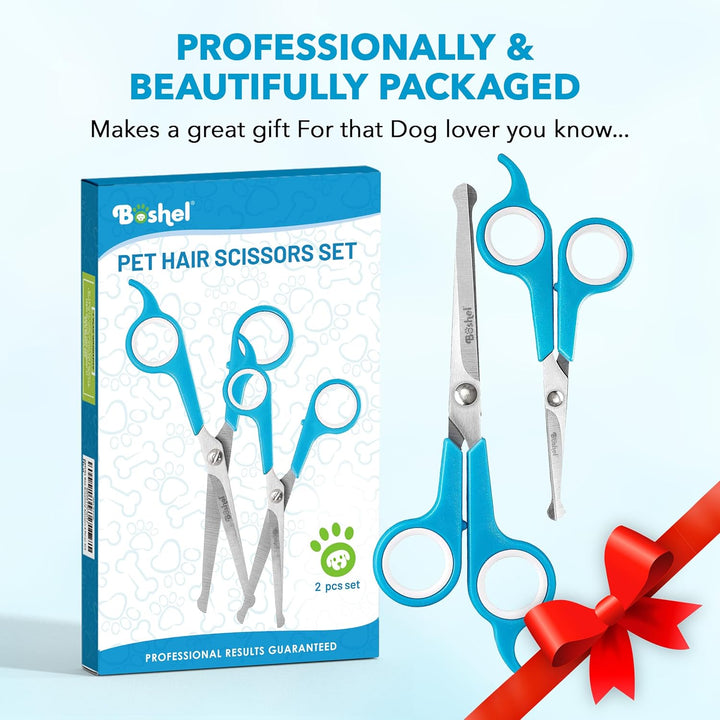 Dog Grooming Scissors for Dogs at Home (2 Pc) - Razor Sharp Stainless Steel Dog Scissors for Grooming - Professional Pet Scissor Set for Dogs & Cats - Best Pet Shears with Rounded Safety Tips