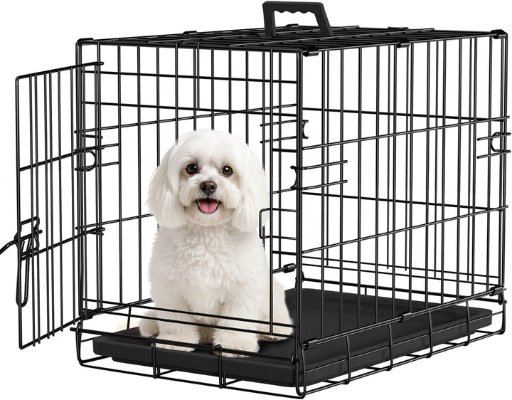 Dog Crate for Small Dogs 24 Inch Folding Metal Wirepet Cage Double Door W/Divider Panel Indoor Outdoor Kennel Leak-Proof Plastic Tray,Black