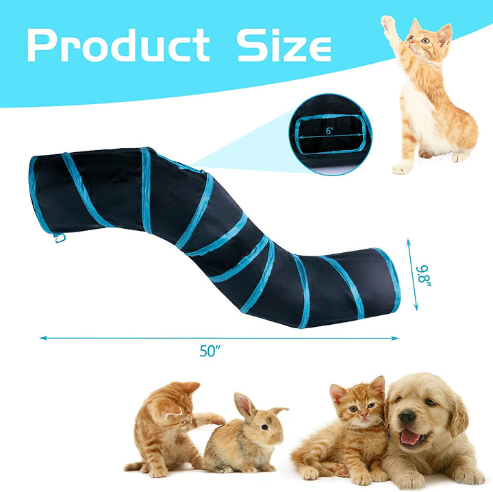 Cat Tunnel, S-2-Way Cat Tunnels for Indoor Cats, Collapsible Cat Play Tunnel, Interactive Toy Maze Cat House with 1 Play Ball for Cats, Puppy, Kitty, Kitten, Rabbit (Blue & Black)