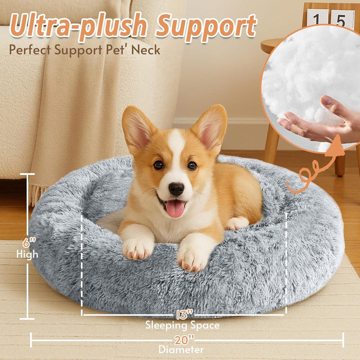 Small Dog & Cat Beds for Indoor Cats, Donut Cuddler Warming Soft Dog Beds with Anti-Slip Bottom, round Calming Fluffy Plush Faux Fur Cushion Bed for Small Medium Dogs (20", Smoke Grey)