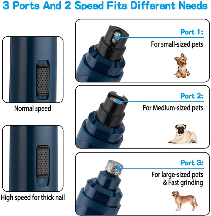 Dog Nail Grinder Upgraded - Professional 2-Speed Electric Rechargeable Pet Nail Trimmer Painless Paws Grooming & Smoothing for Small Medium Large Dogs & Cats(Dark Blue)