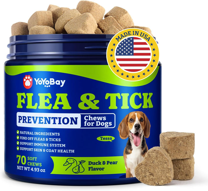 Flea and Tick Prevention for Dogs Chewable - 180 Soft Chews, Duck & Pear Flavor - Dog Flea and Tick Treatment Chewable, Natural Defense- Dog Immune Support Supplement