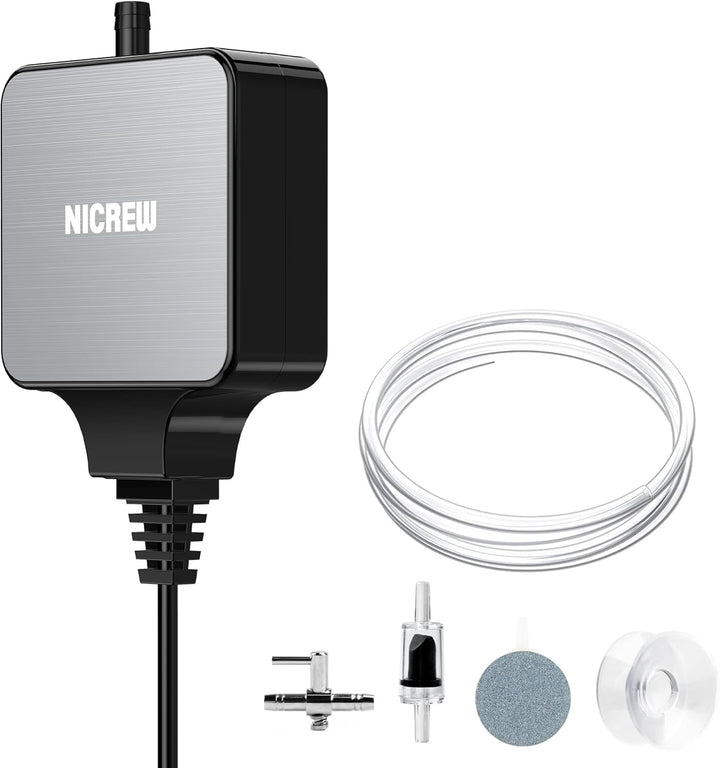 Nano Silent Aquarium Air Pump Black, Aquarium Aerator with Accessories for up to 10 Gallon Fish Tank, Super Quiet, 0.3 L/Min, 1.5 Watts