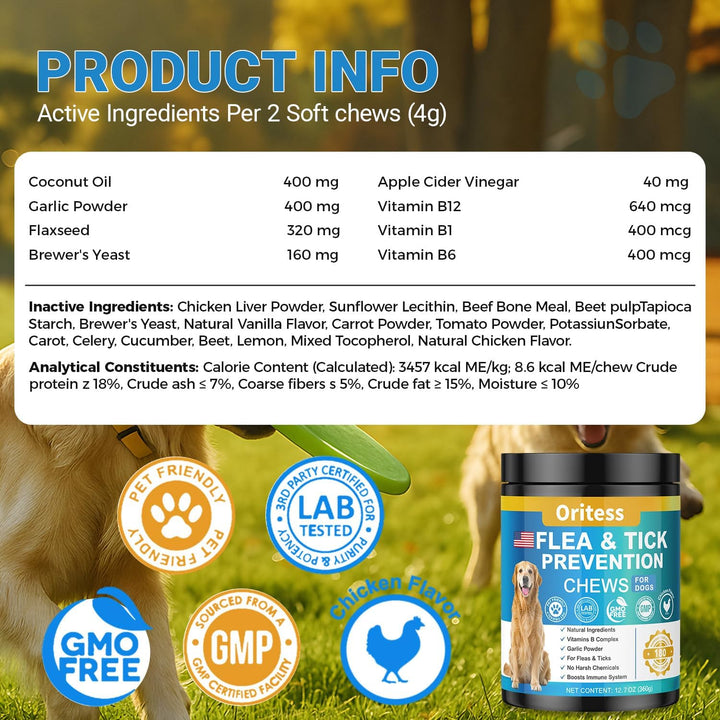 Flea and Tick Prevention for Dogs, 180 Soft Chews Natural Dog Flea and Tick Chewables Oral Flea Supplement for Dogs, Puppy Flea Support - All Breeds & Ages - Chicken Flavor