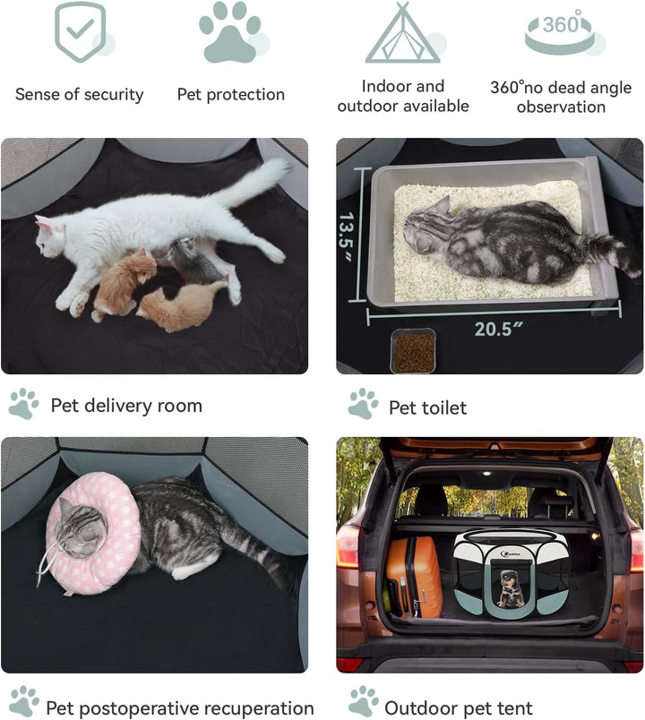 Dog Cat Playpen, Puppy Pet Playpen Indoor for Small Dogs Tent Crates Cage Outdoor, Portable Pop up Dog Kennel Playpen with Carrying Case for Dogs/Cats/Rabbits, Removable Zipper Top, Grey