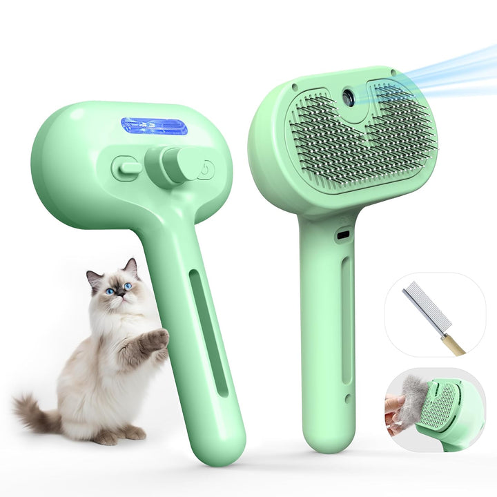 Pet Grooming Brush with Electronic Mist Spray - Gentle Deshedding Tool for Cats & Dogs, Pet Steam Brush，Reduces Shedding, Soft Bristles, Promotes Healthy Coat-Comes with a Hair Smoothing Comb-White
