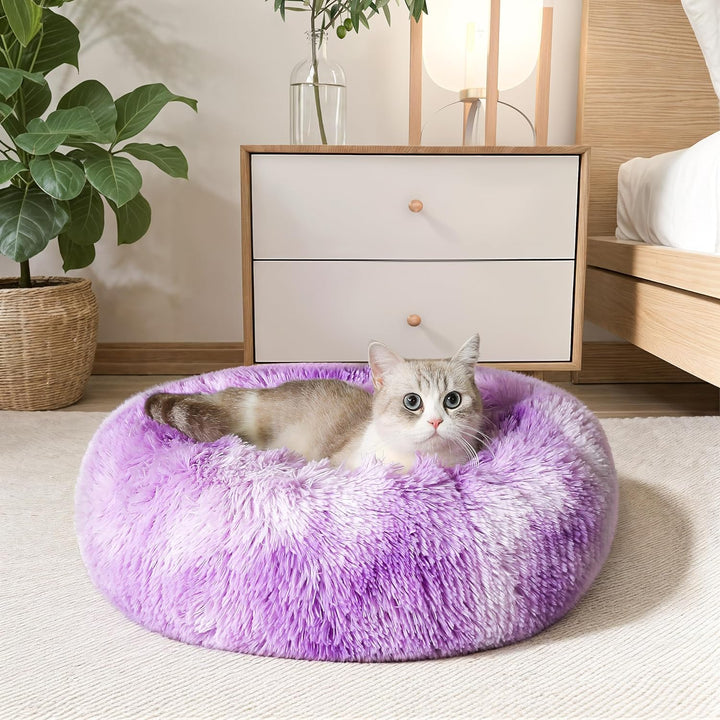 Calming Soft round Dog & Cat Bed, Anti-Anxiety Donut Cuddler Warming Cozy Fluffy Faux Fur Plush Cushion Bed for Small Medium Dogs and Cats (20"/24"/27"/30"), Light Grey